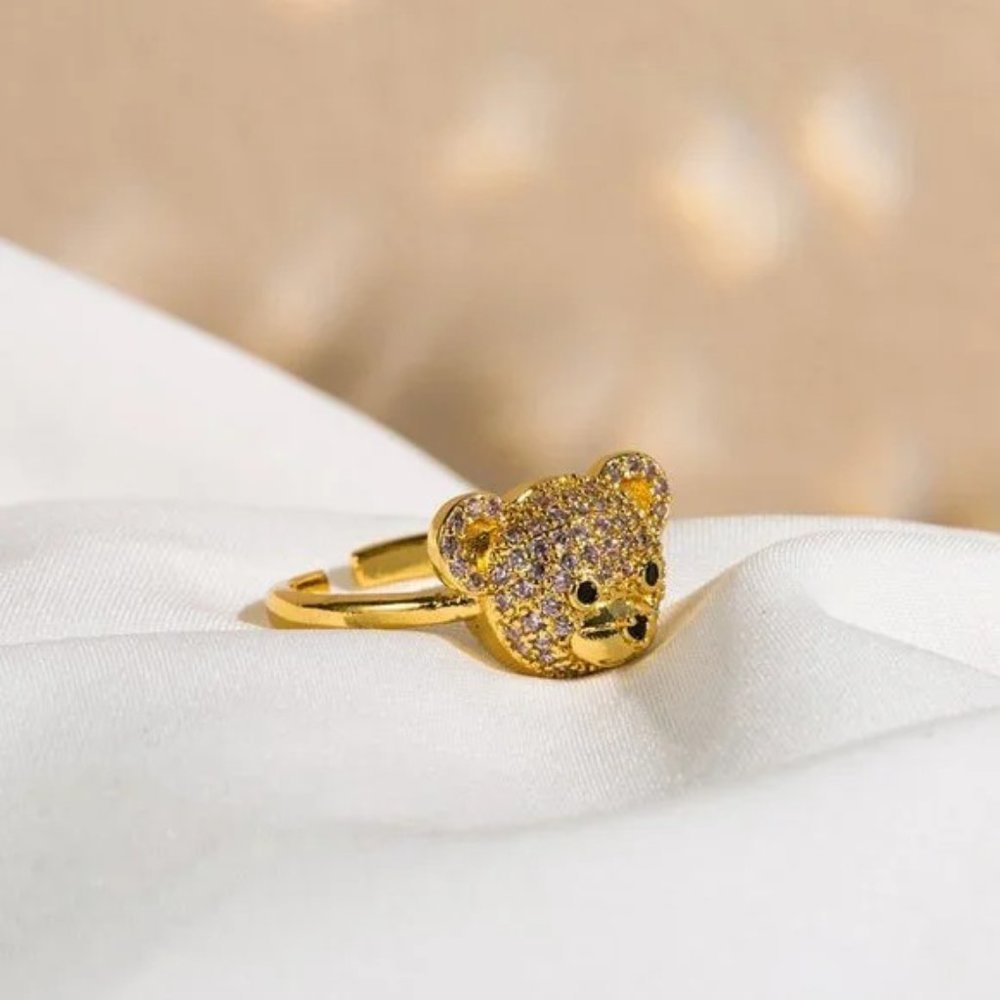 3/$35 Sparkling Bear Gold Plated Open Ring Copper Silver Cubic Zirconia Animal